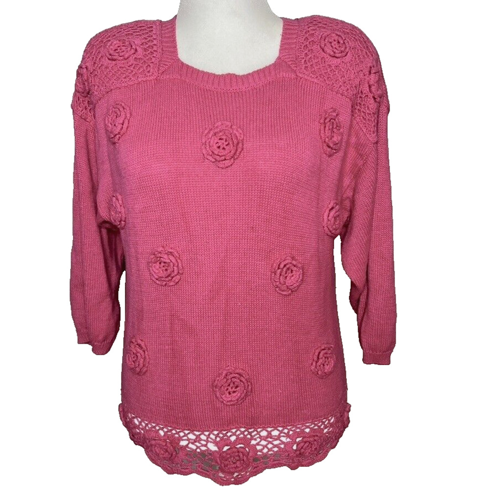 Sweater Bee Banff Sweater Womens Vtg Pink Rosette Shoulder Pad 90s Cottage Large